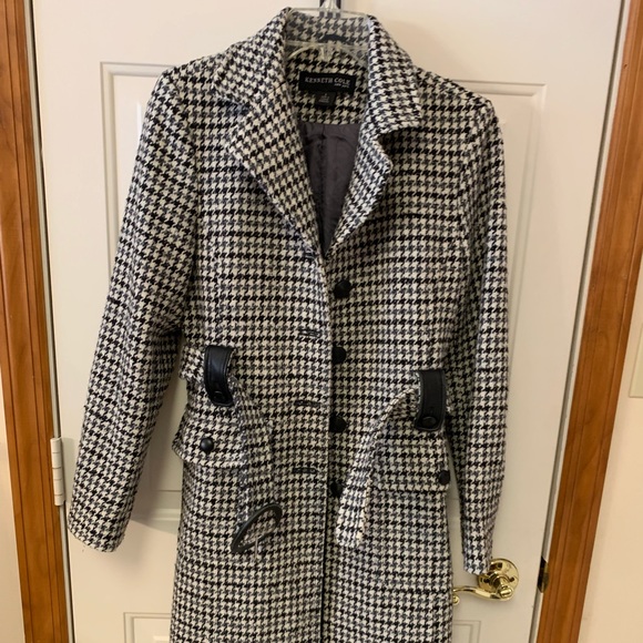 - Vintage Kenneth Cole Wool blend coat, houndstooth with leather trim size… - Picture 2 of 9